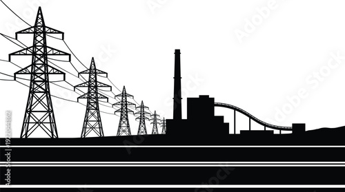 Black silhouette of industrial power plant factory with high voltage electric transmission towers and utility lines isolated on white background for energy infrastructure.