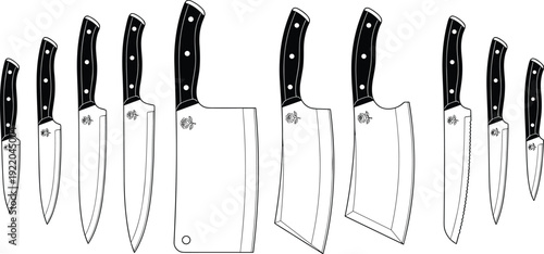 Set of professional kitchen knife silhouettes and butcher cleaver illustrations with rose emblem isolated on white background for culinary branding and restaurant menu design