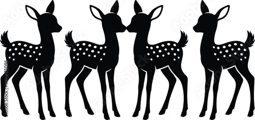 Black silhouette of four cute spotted fawns and baby deer standing in a row on a white background for nursery decor and woodland design.
