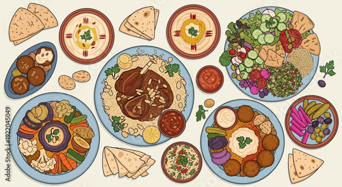 A colorful overhead view of a delicious Middle Eastern food spread