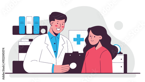 Smiling male doctor in white coat consults with a woman patient, holding a clipboard in a medical office.
