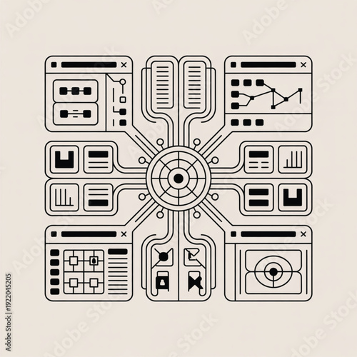 Technical Vector Illustration of a Cybernetic System with Interconnected Modules and Interface Elements