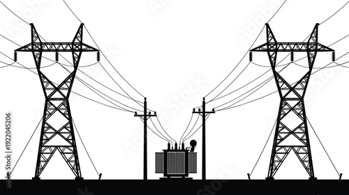 Black industrial silhouette of high voltage electric transmission towers and power lines with electrical transformer for energy distribution grid infrastructure and utility engineering infographics