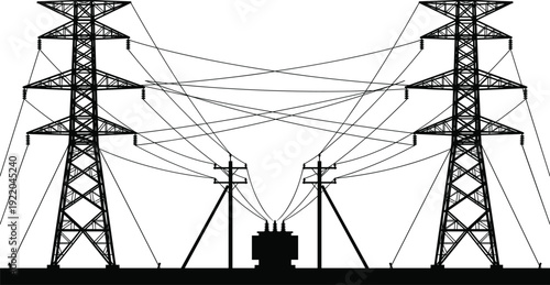 Black industrial silhouette of high voltage electric transmission towers and power lines with electrical transformer for energy distribution grid infrastructure and utility engineering infographics