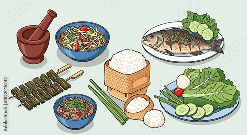 Delicious Thai Meal Featuring Grilled Fish, Sticky Rice, and Papaya Salad Illustration