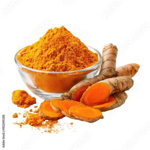 Turmeric roots and powder on black isolated on a transparent background