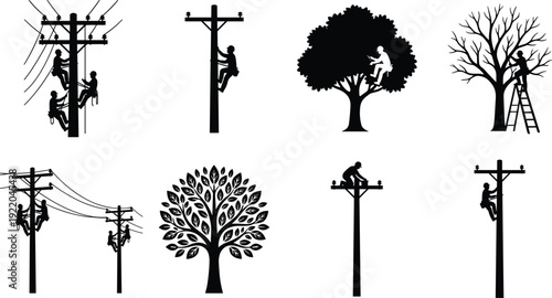 Black industrial silhouettes collection featuring manufacturing factories offshore oil rigs utility line workers climbing poles and arborists trimming trees for infrastructure ande