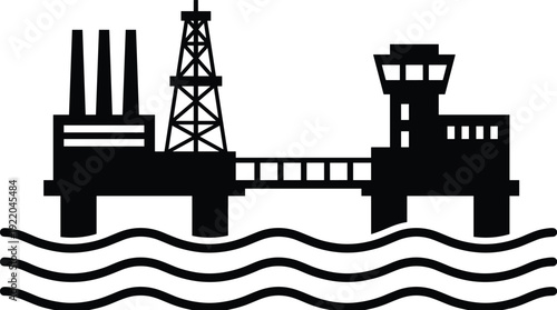 Collection of black industrial factory silhouettes and offshore oil rig icons with smoking chimneys for energy production manufacturing plant logos and environmental pollution infographics