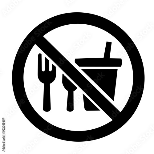 No Food and Drink Monochrome Prohibition Icon
モノクロの飲食禁止マークアイコン（ジュースとフォーク）
