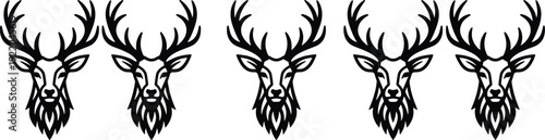 Set of five black and white deer head mascot icons with majestic antlers for hunting club logo, wildlife nature emblems, and rustic outdoor silhouette branding
