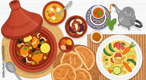 Delicious Moroccan Food Spread with Tagine and Couscous Overhead View