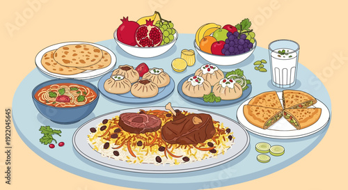 Various delicious food dishes served on a table with fruits and bread