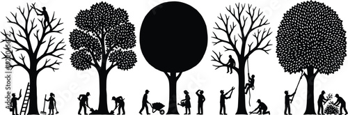 Black silhouette collection of professional gardeners and arborists performing tree maintenance landscaping and yard work tasks isolated on white background for outdoor service design