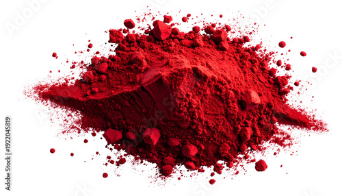 A vibrant, textured heap of finely ground red pigment against a stark black background