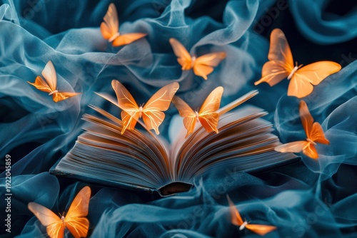 Open book surrounded by orange butterflies against a backdrop of blue fabric. Some butterflies sit on the open pages. AI.