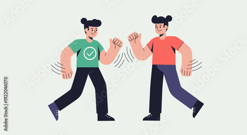 Two people bumping fists with a checkmark on one person's shirt, illustrating teamwork and collaboration