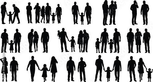 Collection of family and people silhouettes with adults and children walking and standing together, black human figures isolated on white background for design projects