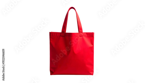 A vibrant, red tote bag with handles on a black background