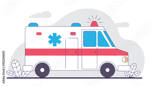 Stylized cartoon ambulance vehicle with red stripes and a blue star of life drives on a road.