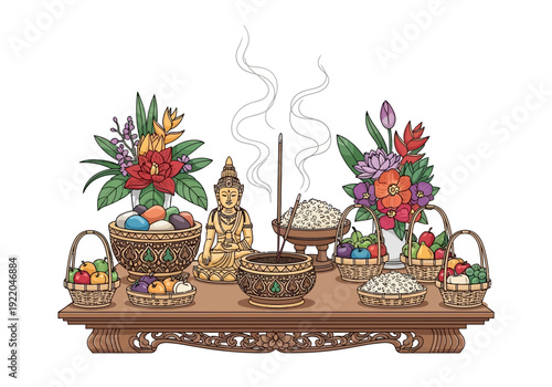 Buddha statue with offerings and flowers.
