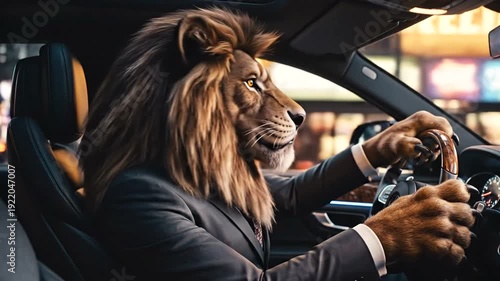 Lion in Suit Driving Luxury Car.