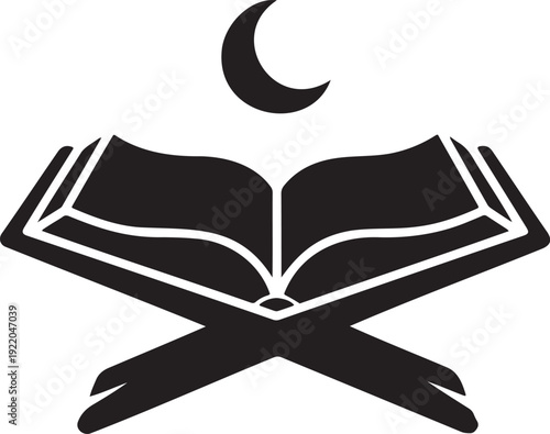 Open Quran with Crescent Moon Silhouette – Islamic Ramadan and Spiritual Symbol Vector Illustration