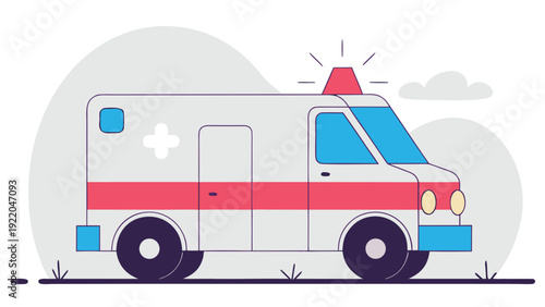 Stylized cartoon ambulance vehicle with red stripes and a white cross drives on a road.