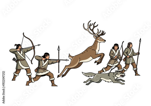 Hunters chasing deer with dogs.