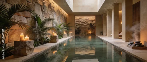 Fototapeta Serene Modern Wellness Spa Interior with a Long Indoor Lap Pool, Natural Stone Walls, Tropical Palm Plants, Glowing Candles, and a Skylight, Creating a Luxurious and Relaxing Zen Atmosphere.