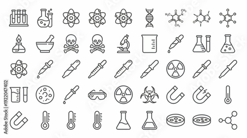 Collection of laboratory science and chemistry thin line icons featuring flasks, atoms and research equipment, concept for scientific study, educational graphics and biotech UI design