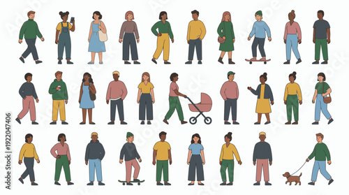 Diverse group of multiracial business professionals and casual creative office workers walking or standing in rows, concept for human resources, team building and workforce recruitment