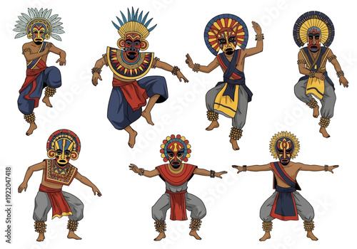 Kathakali dancers in traditional costume.