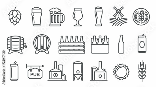 Set of minimalist outline icons representing beer brewing process and brewery elements on white background, concept for brewery website design, craft beer menu and distillery branding project