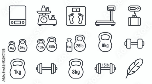 Set of weight measurement and fitness equipment line icons including scales, kettlebells and dumbbells, concept for fitness tracking, gym equipment retail and health monitoring software