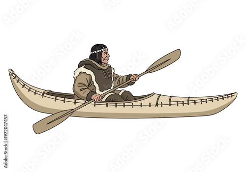 Man in a traditional Eskimo canoe.