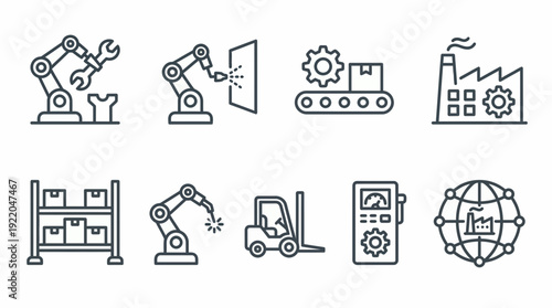 Collection of industrial manufacturing line icons featuring robotic arms, conveyor belts and factory systems, concept for industrial automation, smart factory and logistics management