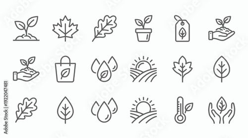 Minimalist nature and ecology line icon set featuring leaves, sprouts and sustainable symbols, concept for environmental conservation, green business branding and eco friendly interface design