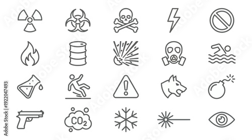 Minimalist warning hazard and safety caution line icons set featuring radioactive biohazard and toxic chemical symbols, concept for industrial security, health sign and risk awareness