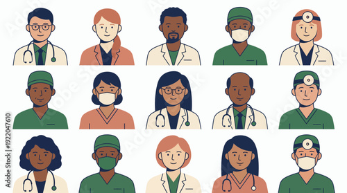 Collection of diverse medical professional avatars featuring surgeons, physicians and clinic staff in flat style, concept for healthcare app, hospital recruitment and team directory