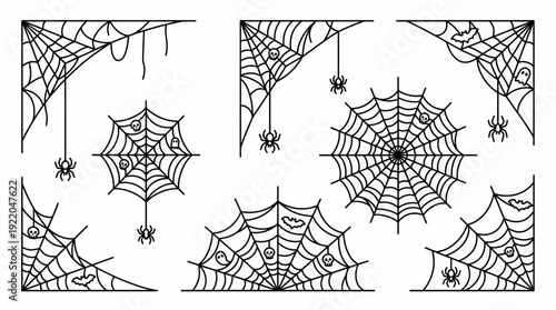Set of black spider web line art illustrations featuring hanging spiders skulls bats and ghosts in corner and circular shapes, concept for halloween party decor, spooky flyer and gothic design