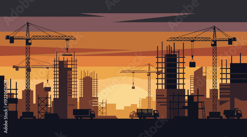 Silhouette of tower cranes and building structures at a construction site against a sunset sky background, concept for urban development, industrial growth and real estate project marketing
