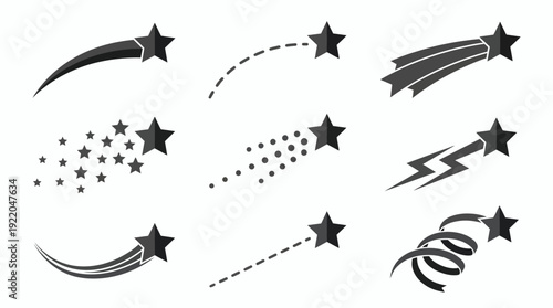 Set of nine black minimalist shooting star icons with various motion trails and tail designs on white background, concept for achievement tracking, rating systems and magic effect visualization