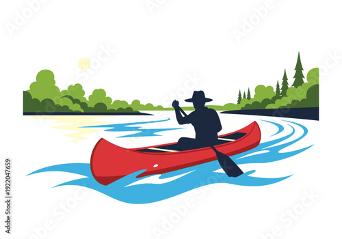 Man paddling red canoe on water.