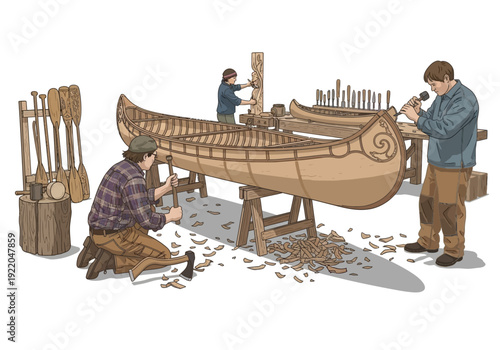 Men building a wooden sail boat.