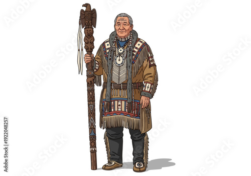 Native American Man Holding Ceremonial Staff.