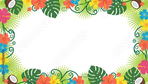 A vibrant tropical floral border with coconuts and palm leaves on a white background.