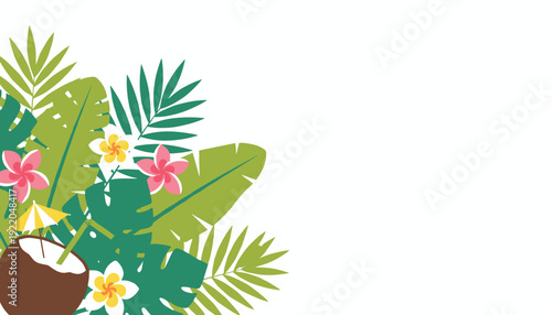 Tropical coconut drink with umbrella surrounded by lush green palm leaves and vibrant flowers.