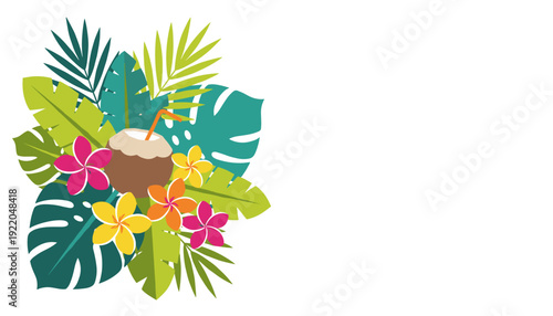 A vibrant tropical arrangement of lush green palm leaves, exotic flowers, and a refreshing coconut drink.