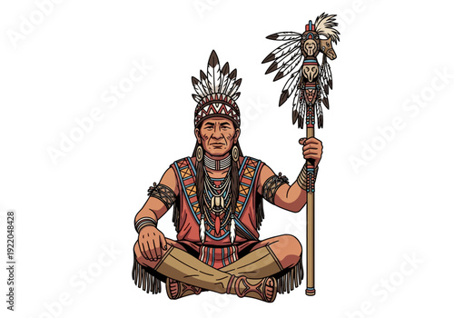 Native American Man Wearing Headdress.