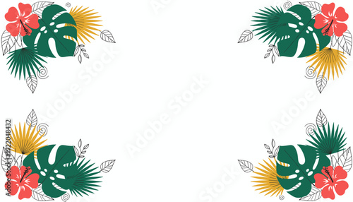 Tropical floral arrangement with Monstera leaves and hibiscus flowers in four corners.